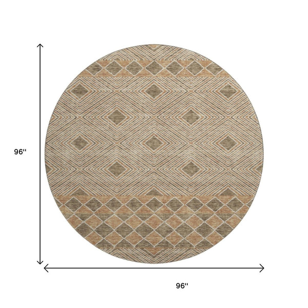 HomeRoots 8' Washable Brown and Beige Geometric Round Rug with UV Protection - Perfect for Homes with Kids & Pets 671363