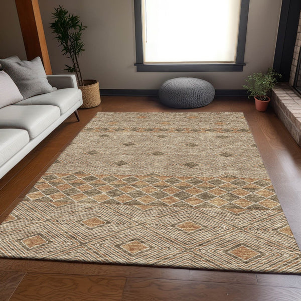 HomeRoots 10' Geometric Brown and Beige Washable Area Rug – Durable, Stain Resistant with UV Protection! 671366