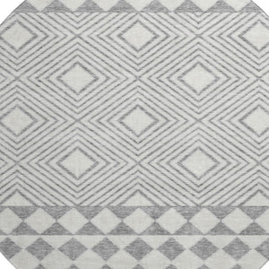 HomeRoots 8' Gray and Ivory Geometric Washable Round Rug - UV Protected, Stain Resistant, Modern Style for Homes 671375