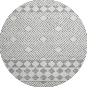 HomeRoots 8' Gray and Ivory Geometric Washable Round Rug - UV Protected, Stain Resistant, Modern Style for Homes 671375