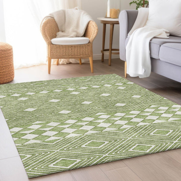 HomeRoots 5' X 8' Modern Green and Ivory Geometric Area Rug – Washable, UV Protected, Durable for High Traffic Spaces 671380
