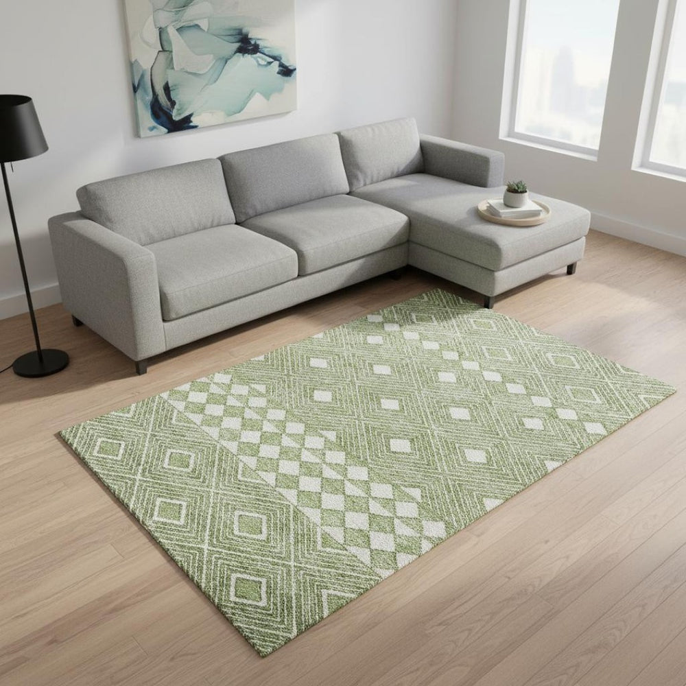 HomeRoots 9' X 12' Green and Ivory Geometric Area Rug - Washable, Stain Resistant, UV Protected for Any Room 671383