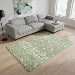 HomeRoots 9' X 12' Green and Ivory Geometric Area Rug - Washable, Stain Resistant, UV Protected for Any Room 671383