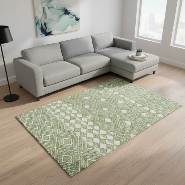 HomeRoots 9' X 12' Green and Ivory Geometric Area Rug - Washable, Stain Resistant, UV Protected for Any Room 671383