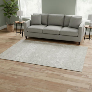 HomeRoots 5' X 8' Ivory and Beige Geometric Area Rug - Washable, UV Protected, Stain-Resistant for High Traffic 671386
