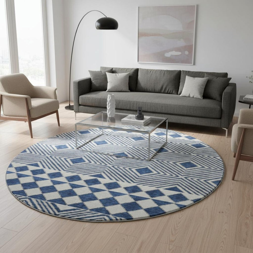 HomeRoots 8' Navy Blue and Ivory Geometric Washable Round Rug - Durable, Stylish, UV-Protected for Modern Homes 671393