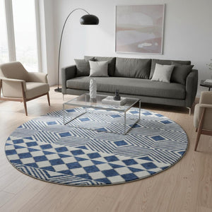 HomeRoots 8' Navy Blue and Ivory Geometric Washable Round Rug - Durable, Stylish, UV-Protected for Modern Homes 671393