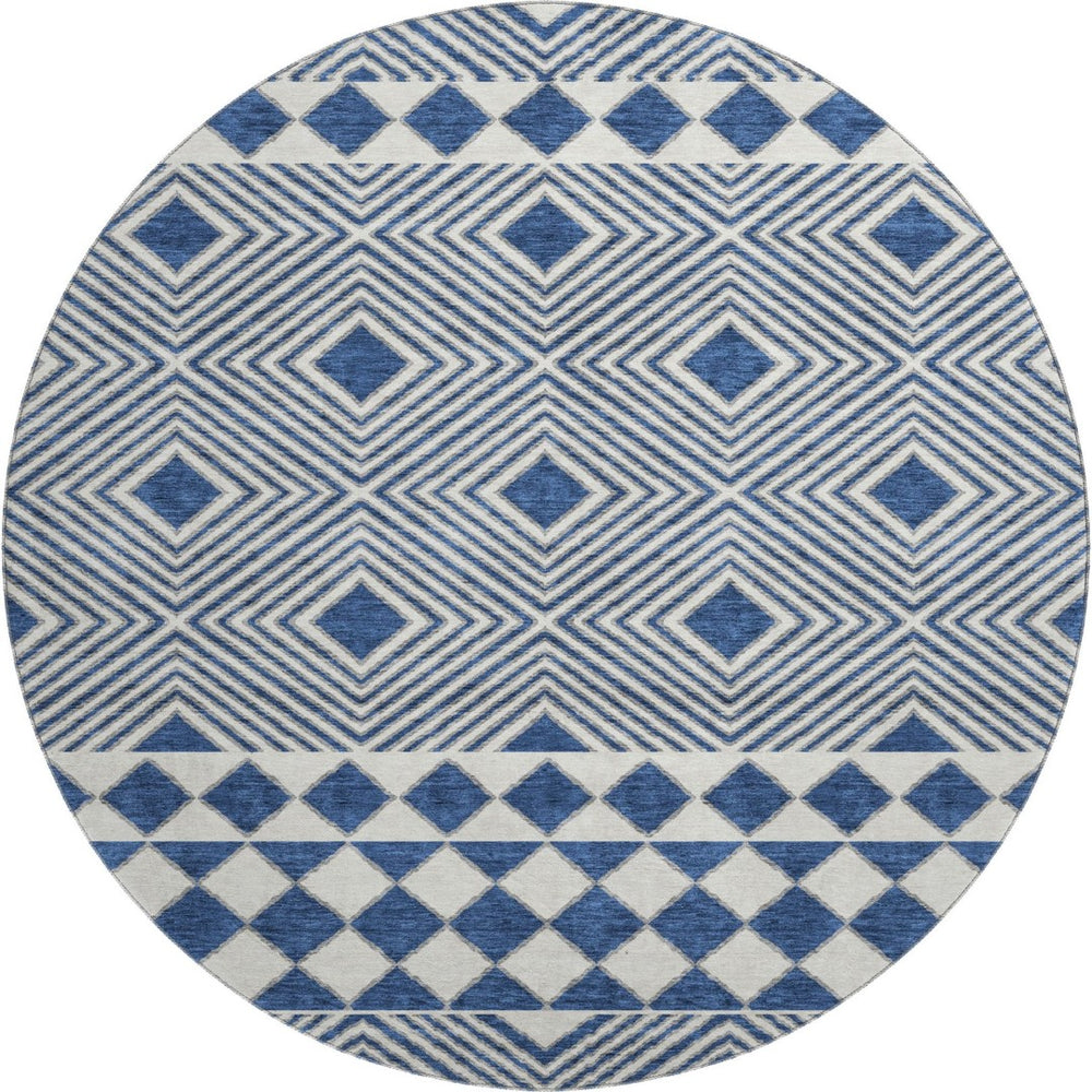 HomeRoots 8' Navy Blue and Ivory Geometric Washable Round Rug - Durable, Stylish, UV-Protected for Modern Homes 671393