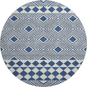 HomeRoots 8' Navy Blue and Ivory Geometric Washable Round Rug - Durable, Stylish, UV-Protected for Modern Homes 671393