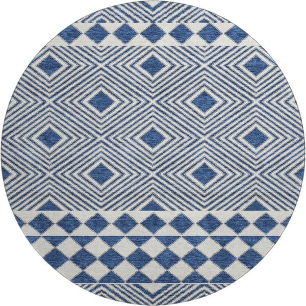 HomeRoots 8' Navy Blue and Ivory Geometric Washable Round Rug - Durable, Stylish, UV-Protected for Modern Homes 671393