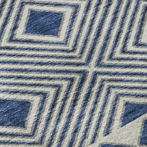 HomeRoots 8' Navy Blue and Ivory Geometric Washable Round Rug - Durable, Stylish, UV-Protected for Modern Homes 671393