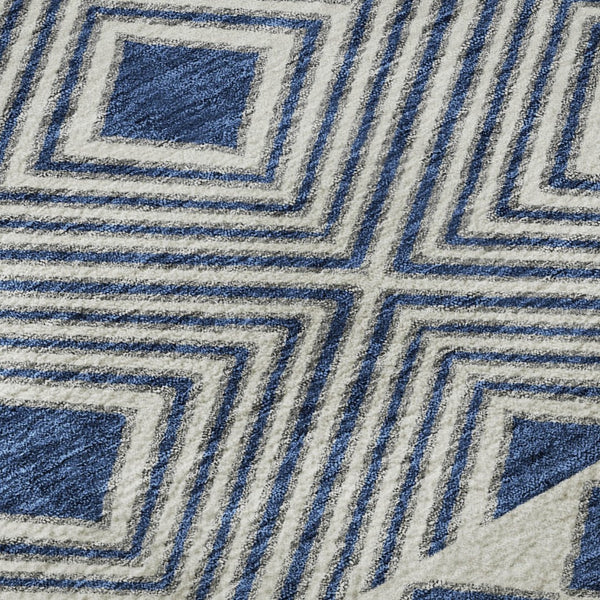HomeRoots 8' Navy Blue and Ivory Geometric Washable Round Rug - Durable, Stylish, UV-Protected for Modern Homes 671393
