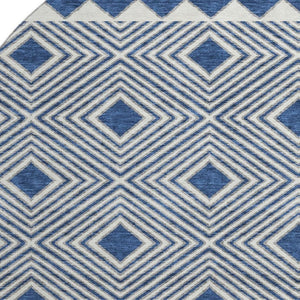HomeRoots 8' Navy Blue and Ivory Geometric Washable Round Rug - Durable, Stylish, UV-Protected for Modern Homes 671393