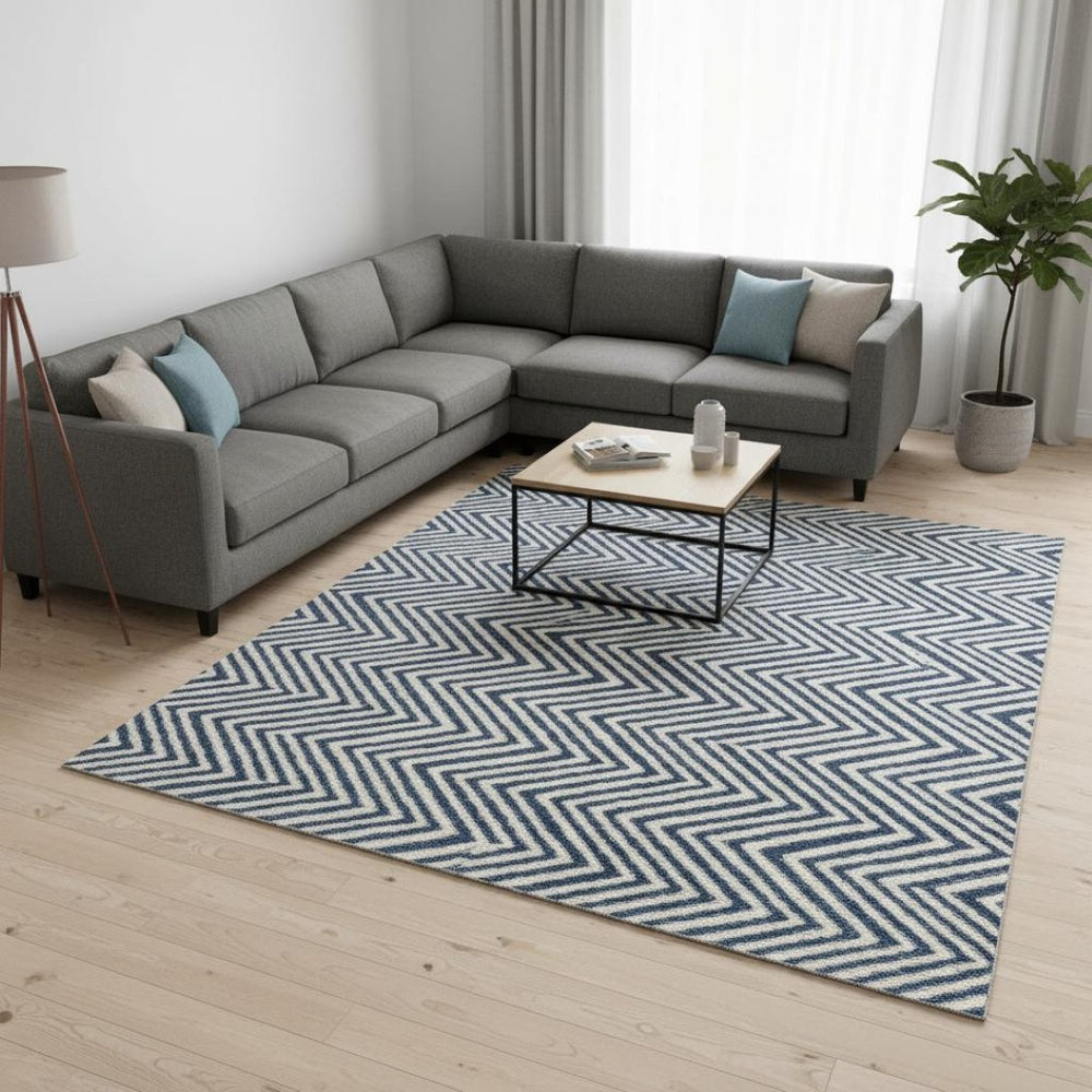 HomeRoots 9' X 12' Navy Blue & Ivory Geometric Area Rug – Washable, UV Protected, Durable & Stylish for Any Room 671395