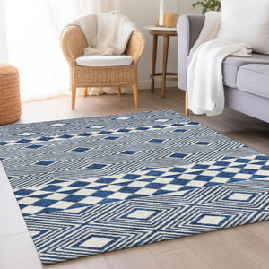 HomeRoots 10' X 14' Navy Blue & Ivory Geometric Area Rug – Washable, UV Protected, Perfect for High-Traffic Spaces 671396