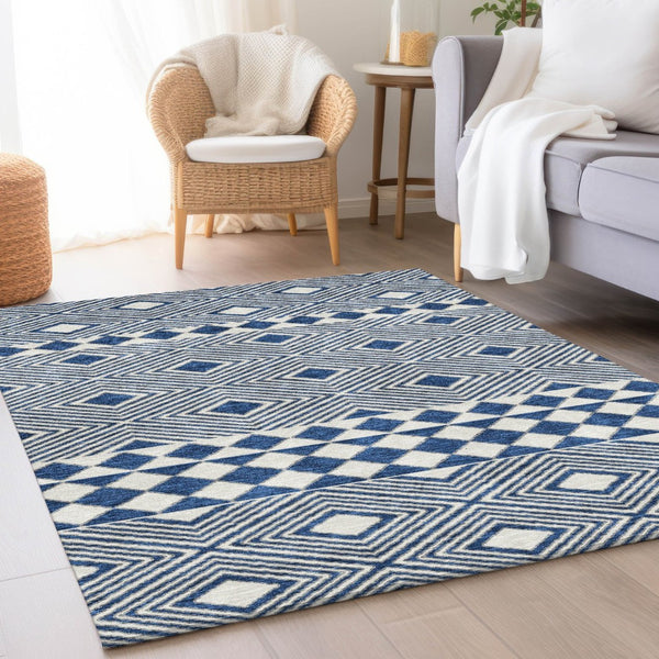 HomeRoots 10' X 14' Navy Blue & Ivory Geometric Area Rug – Washable, UV Protected, Perfect for High-Traffic Spaces 671396
