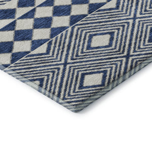 HomeRoots 10' X 14' Navy Blue & Ivory Geometric Area Rug – Washable, UV Protected, Perfect for High-Traffic Spaces 671396