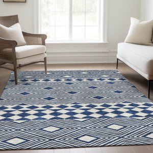 HomeRoots 10' X 14' Navy Blue & Ivory Geometric Area Rug – Washable, UV Protected, Perfect for High-Traffic Spaces 671396