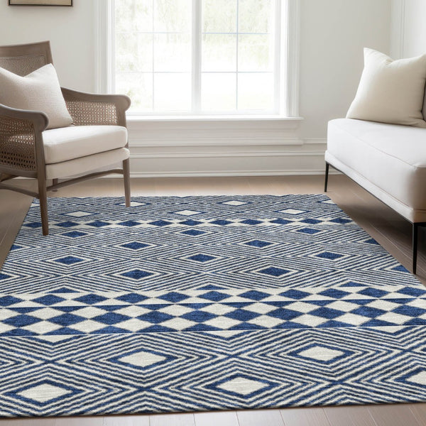 HomeRoots 10' X 14' Navy Blue & Ivory Geometric Area Rug – Washable, UV Protected, Perfect for High-Traffic Spaces 671396
