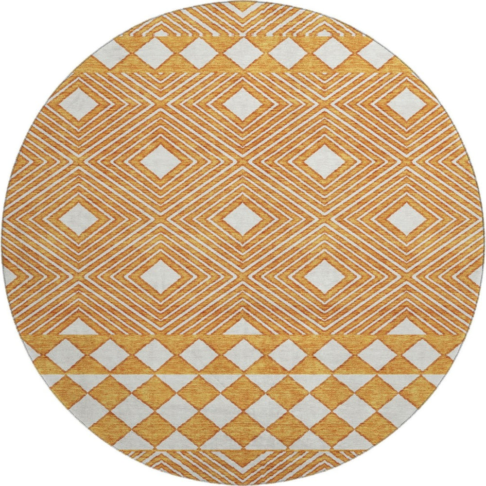 HomeRoots 8' Orange and Ivory Geometric Washable Round Rug – UV Protected, Stain Resistant, Durable Design 671399