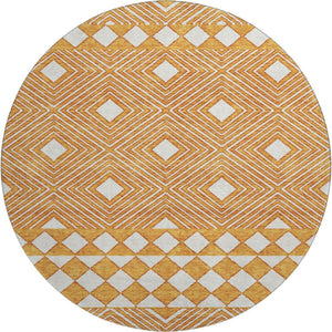HomeRoots 8' Orange and Ivory Geometric Washable Round Rug – UV Protected, Stain Resistant, Durable Design 671399
