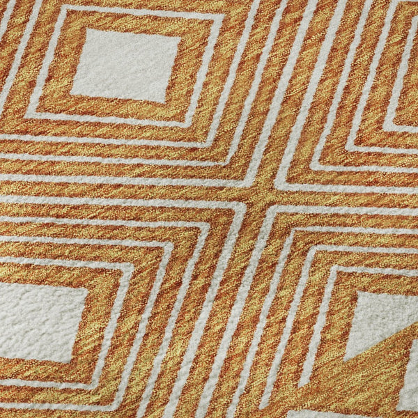 HomeRoots 8' Orange and Ivory Geometric Washable Round Rug – UV Protected, Stain Resistant, Durable Design 671399