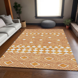 HomeRoots 9' X 12' Orange & Ivory Geometric Washable Area Rug - Durable, UV Protected & Stain-Resistant Design 671401
