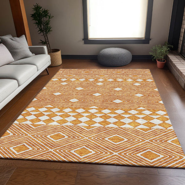 HomeRoots 9' X 12' Orange & Ivory Geometric Washable Area Rug - Durable, UV Protected & Stain-Resistant Design 671401