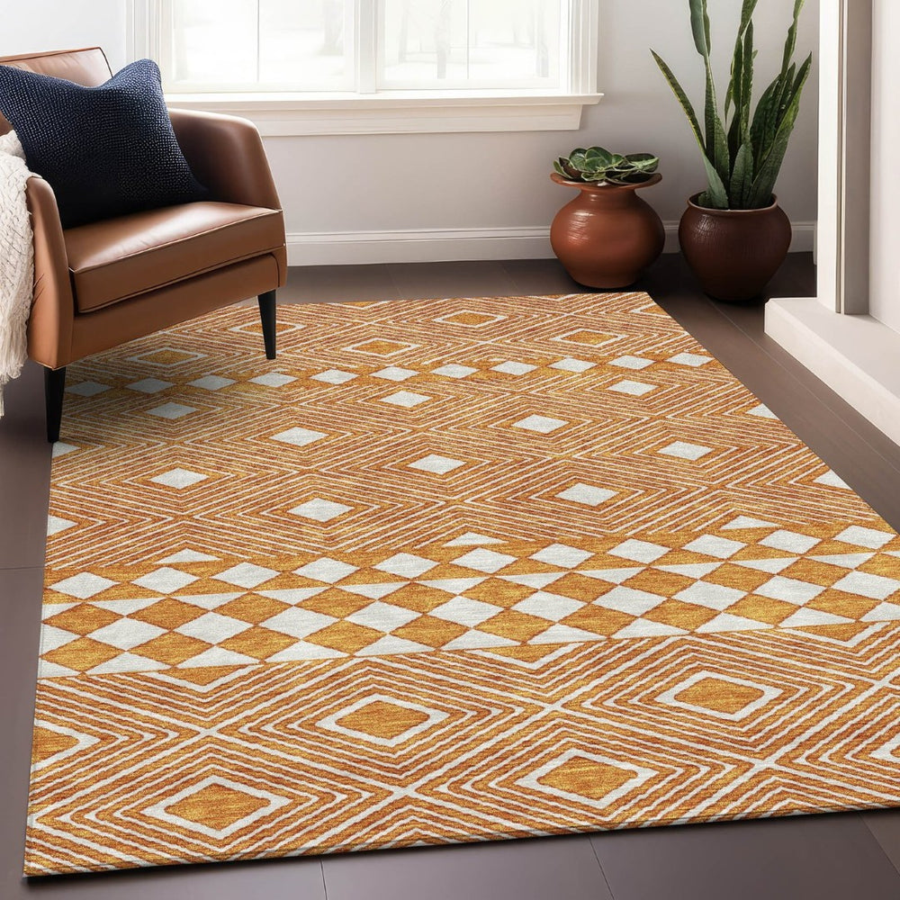 HomeRoots 10' X 14' Orange & Ivory Geometric Area Rug - Washable, UV Protected, Durable for High-Traffic Spaces 671402