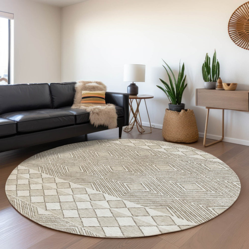 HomeRoots 8' Taupe and Beige Geometric Round Rug - Washable, UV-Protected, Stylish for High-Traffic Areas 671405