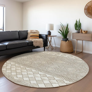 HomeRoots 8' Taupe and Beige Geometric Round Rug - Washable, UV-Protected, Stylish for High-Traffic Areas 671405