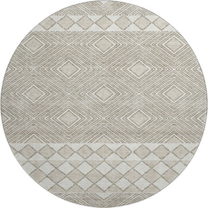 HomeRoots 8' Taupe and Beige Geometric Round Rug - Washable, UV-Protected, Stylish for High-Traffic Areas 671405