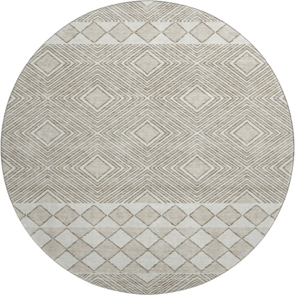 HomeRoots 8' Taupe and Beige Geometric Round Rug - Washable, UV-Protected, Stylish for High-Traffic Areas 671405