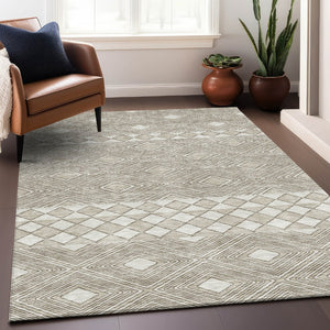 HomeRoots 8' X 10' Geometric Taupe & Beige Washable Area Rug - Durable, UV-Protected, Perfect for High Traffic Spaces 671406