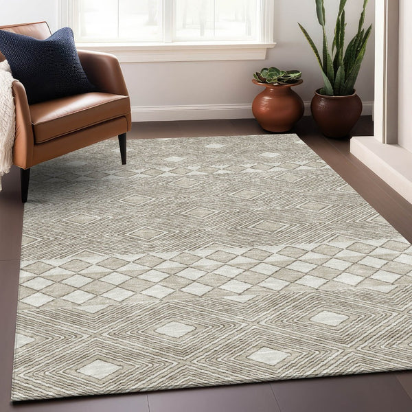 HomeRoots 8' X 10' Geometric Taupe & Beige Washable Area Rug - Durable, UV-Protected, Perfect for High Traffic Spaces 671406