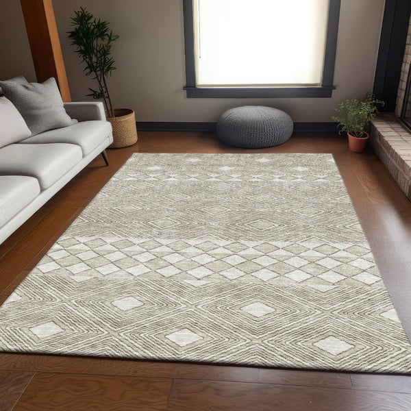 HomeRoots 8' X 10' Geometric Taupe & Beige Washable Area Rug - Durable, UV-Protected, Perfect for High Traffic Spaces 671406