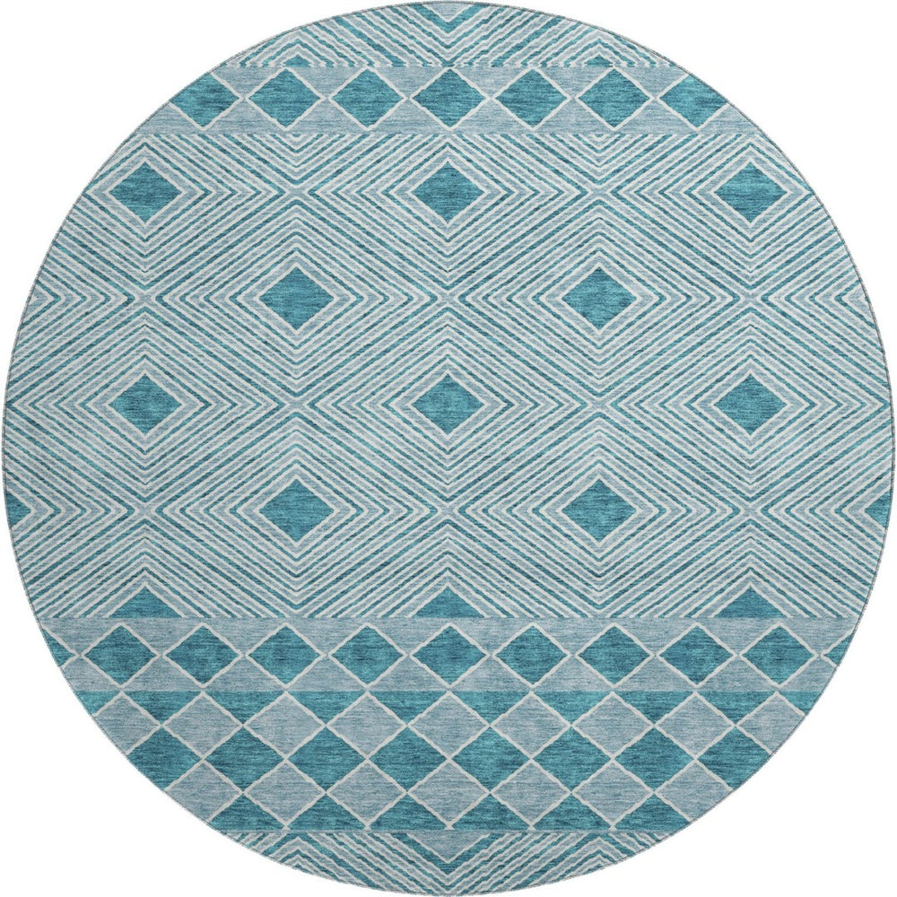 HomeRoots 8' Teal and Ivory Geometric Round Rug - Washable, UV-Protected, and Ideal for Busy Homes! 671411