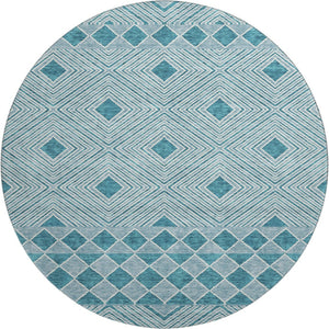 HomeRoots 8' Teal and Ivory Geometric Round Rug - Washable, UV-Protected, and Ideal for Busy Homes! 671411