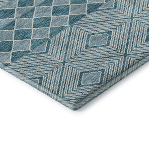 HomeRoots 8' Teal and Ivory Geometric Round Rug - Washable, UV-Protected, and Ideal for Busy Homes! 671411