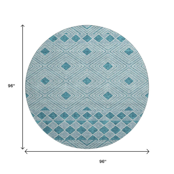 HomeRoots 8' Teal and Ivory Geometric Round Rug - Washable, UV-Protected, and Ideal for Busy Homes! 671411