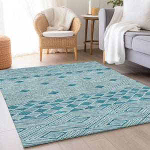 HomeRoots 10' X 14' Teal And Ivory Geometric Area Rug – Stylish, Washable, UV Protected, Perfect for High-Traffic Spaces 671414