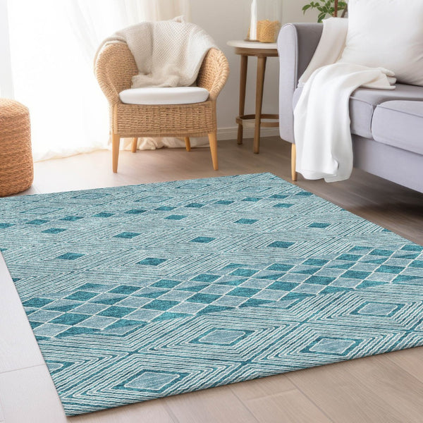 HomeRoots 10' X 14' Teal And Ivory Geometric Area Rug – Stylish, Washable, UV Protected, Perfect for High-Traffic Spaces 671414