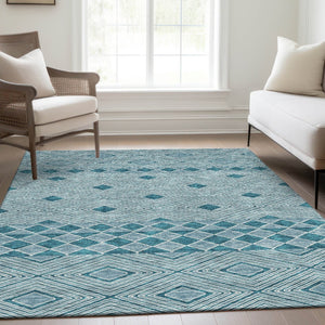 HomeRoots 10' X 14' Teal And Ivory Geometric Area Rug – Stylish, Washable, UV Protected, Perfect for High-Traffic Spaces 671414