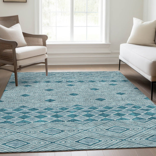 HomeRoots 10' X 14' Teal And Ivory Geometric Area Rug – Stylish, Washable, UV Protected, Perfect for High-Traffic Spaces 671414