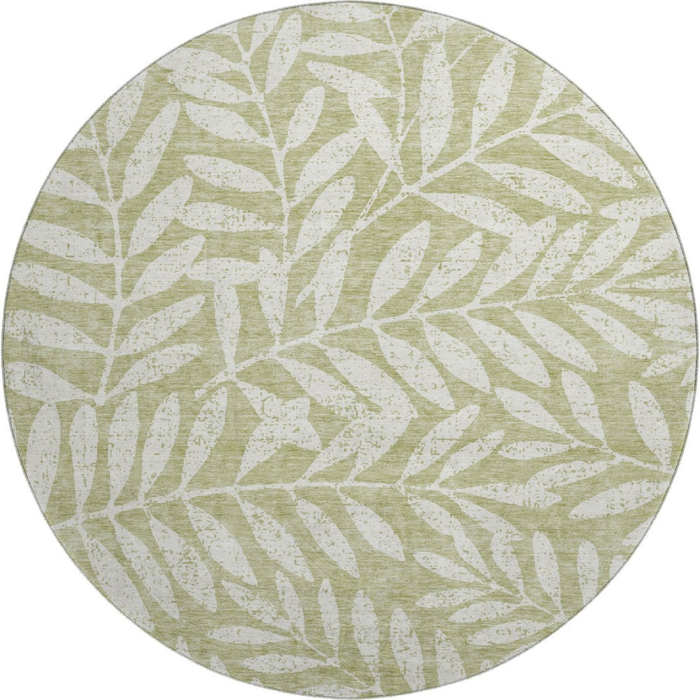 HomeRoots 8' Washable Round Rug in Artichoke Green & Beige Floral Design with UV Protection & Stain Resistance 671417