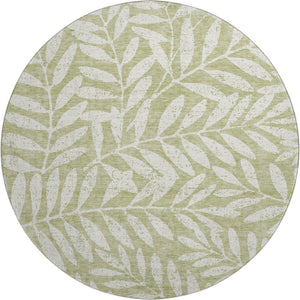 HomeRoots 8' Washable Round Rug in Artichoke Green & Beige Floral Design with UV Protection & Stain Resistance 671417