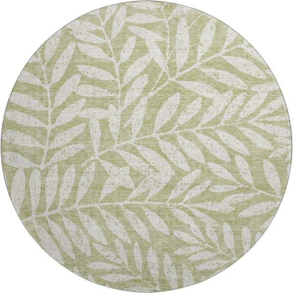HomeRoots 8' Washable Round Rug in Artichoke Green & Beige Floral Design with UV Protection & Stain Resistance 671417