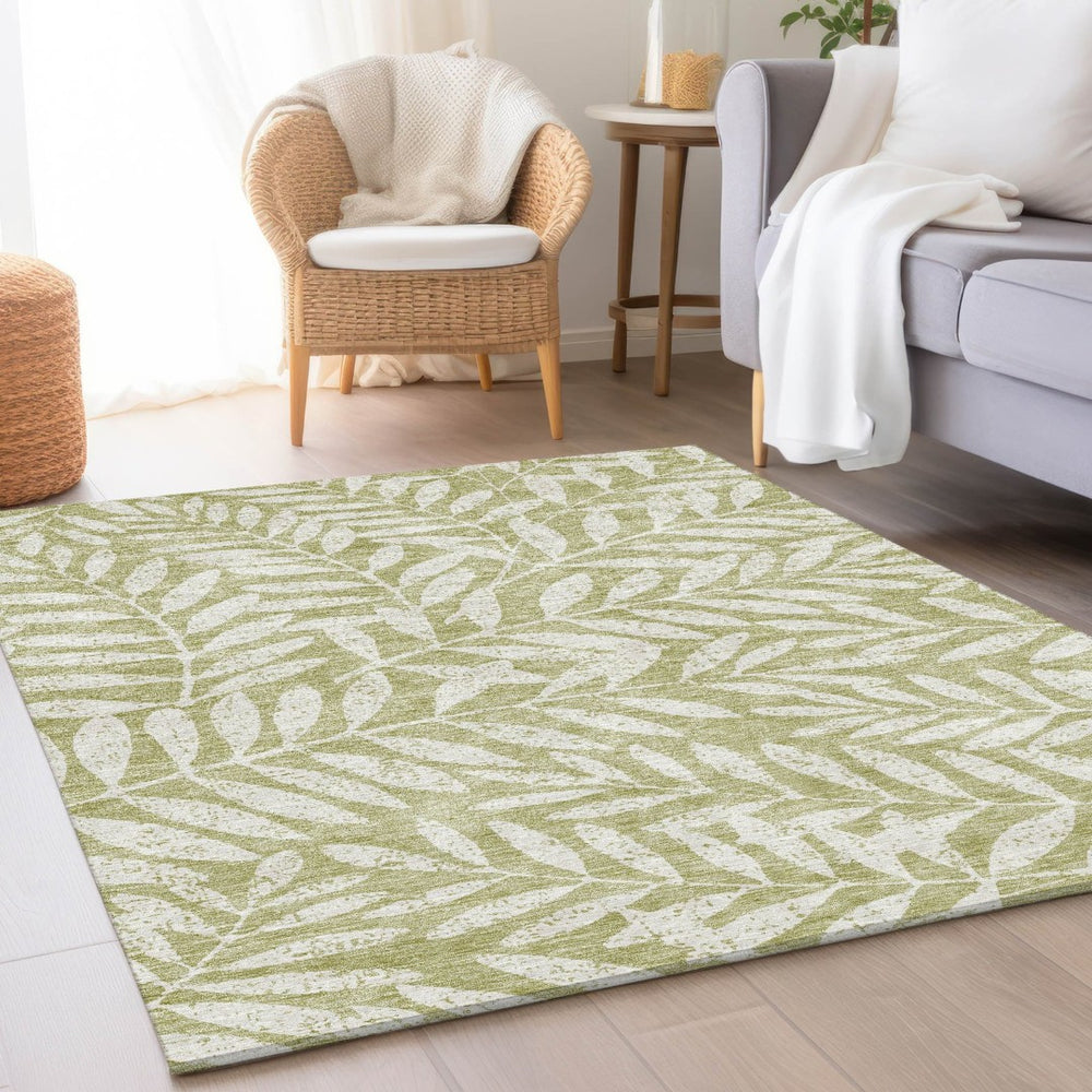 HomeRoots 8' X 10' Artichoke Green Floral Area Rug – Washable, UV-Protected, Stain-Resistant for Family Homes 671418