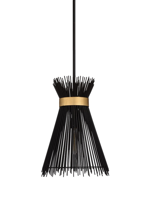 Wildwood Quimby Matte Black Pendant With Antique Gold Leaf Trim, Adjustable 6–42" Height For Entryways 67142