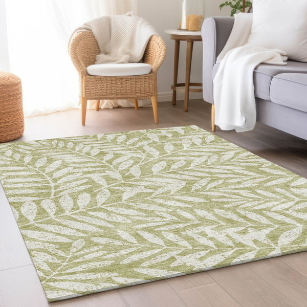 HomeRoots 10' Artichoke Green & Beige Floral Washable Area Rug - UV Protected, Perfect for High-Traffic Spaces 671420